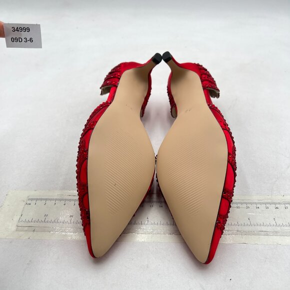 XYD Red Pointed Toe D\'Orsay Kitten Low Heel Rhinestone Studs Slip-On Pumps